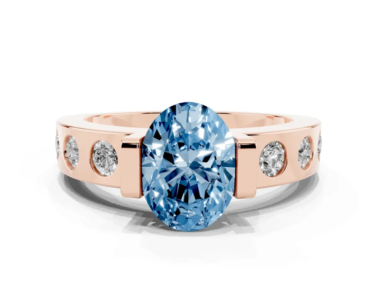 Fancy Blue Oval Cut Brilliant Channel-Set Diamond Ring with Bezel Prong Setting Rose gold