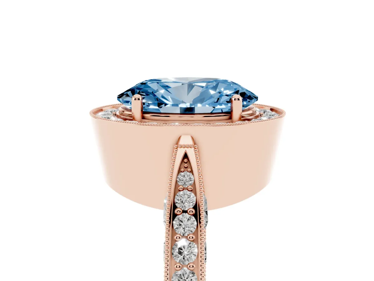 Fancy Blue Oval Cut Halo Diamond Engagement Ring with Split Shank Band and Four-Prong Setting Rose gold