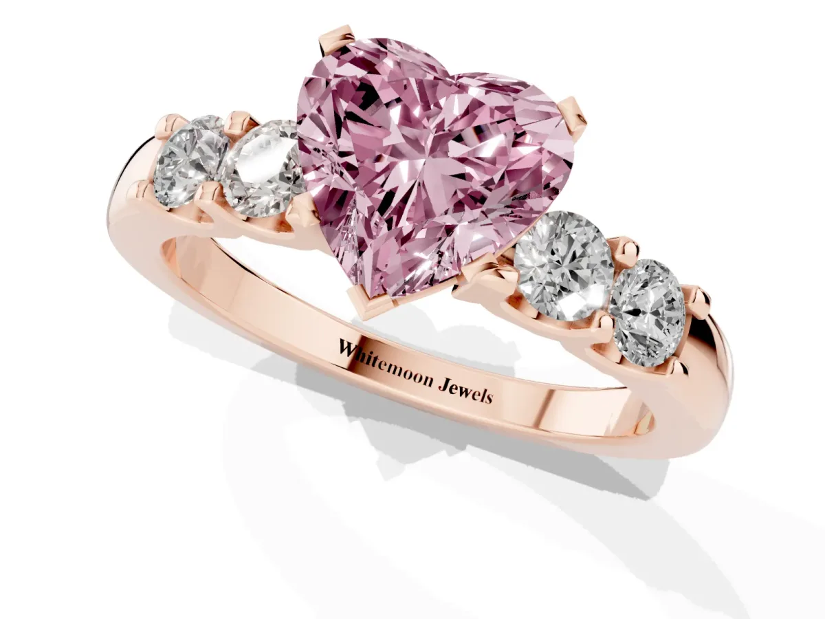 Fancy Pink Heart Cut Brilliant Cut Diamond Five-Stone Prong Set Engagement Ring with Channel Band Rose gold