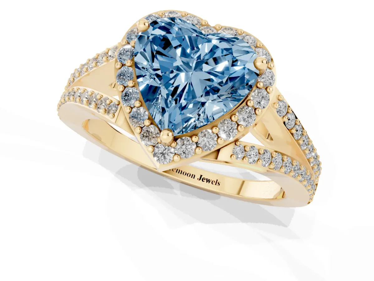 Fancy Blue Heart Cut Halo Split Shank Diamond Ring with Prong Setting Yellow gold