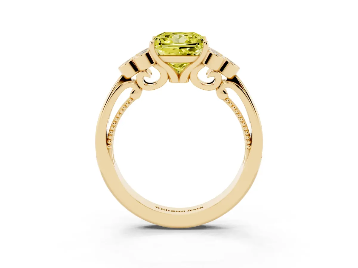 Fancy Yellow Princess Cut Cut Diamond Engagement Ring with Bezel Set Round Side Stones and Prong Setting Yellow gold