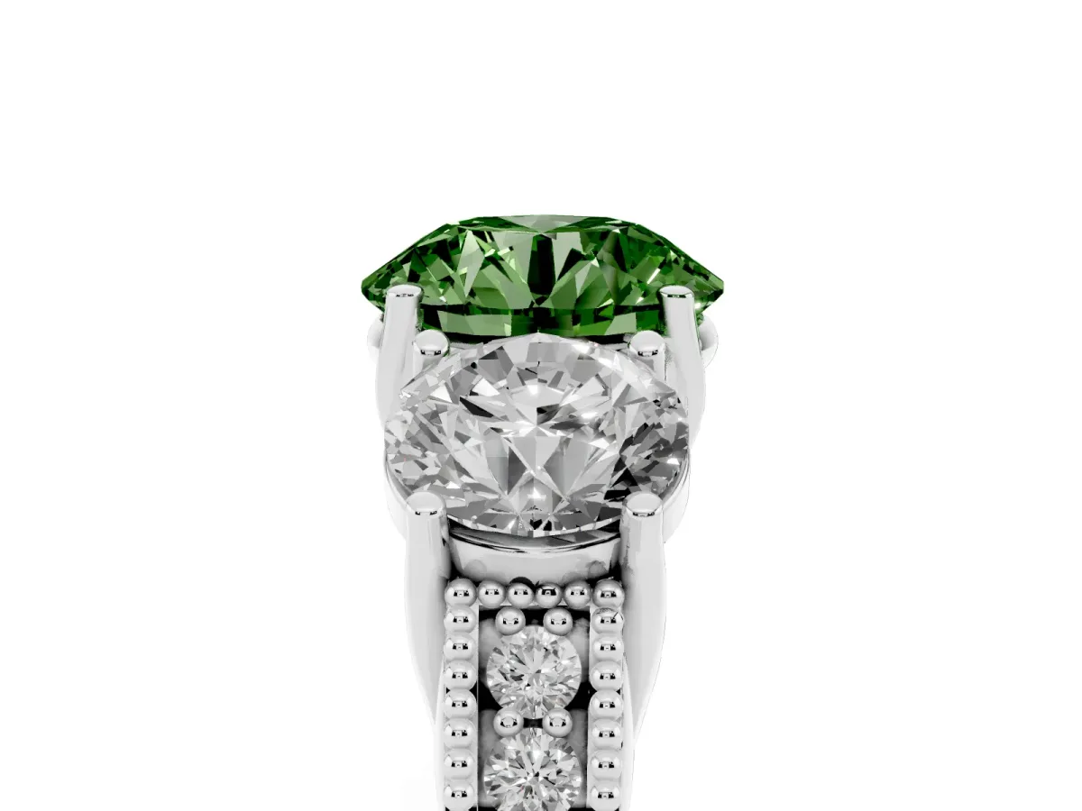 Fancy Green Three-Stone Round Cut Cut Milgrain Pavé Engagement Ring Platinum