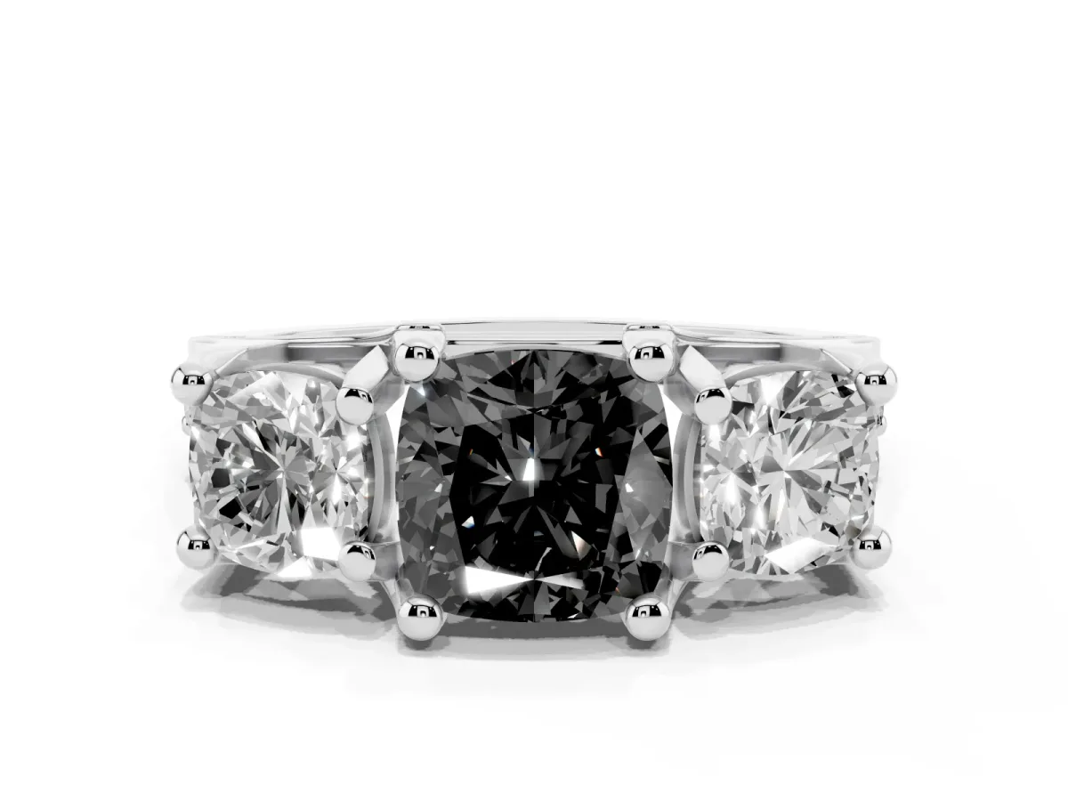 Fancy Black Cushion Cut Diamond Three-Stone Ring with Channel Set Band and Four-Prong Setting Silver