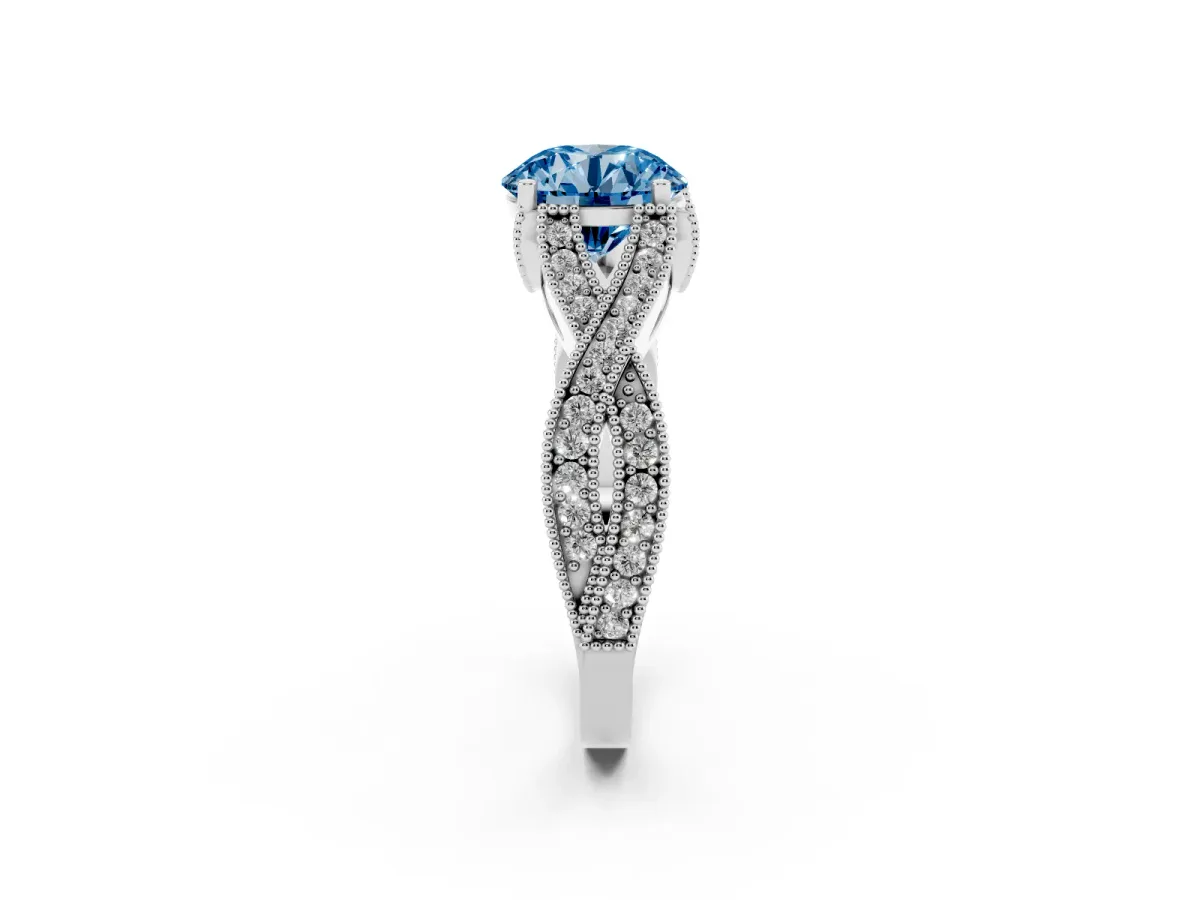 Fancy Blue Round Cut Cut Diamond Twisted Band with Milgrain Pave Setting and Four-Prong Setting Silver