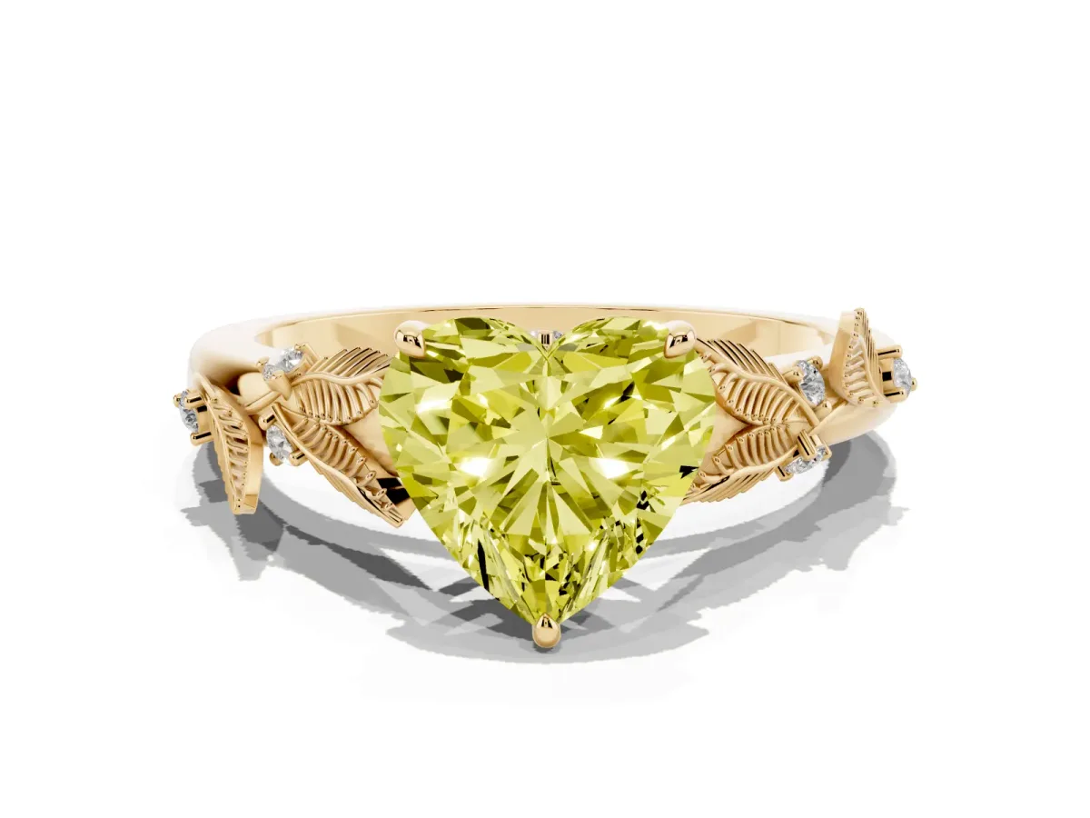 Fancy Yellow Heart Cut Diamond Solitaire Ring with Leaf Motif Band and Four-Prong Setting Yellow gold