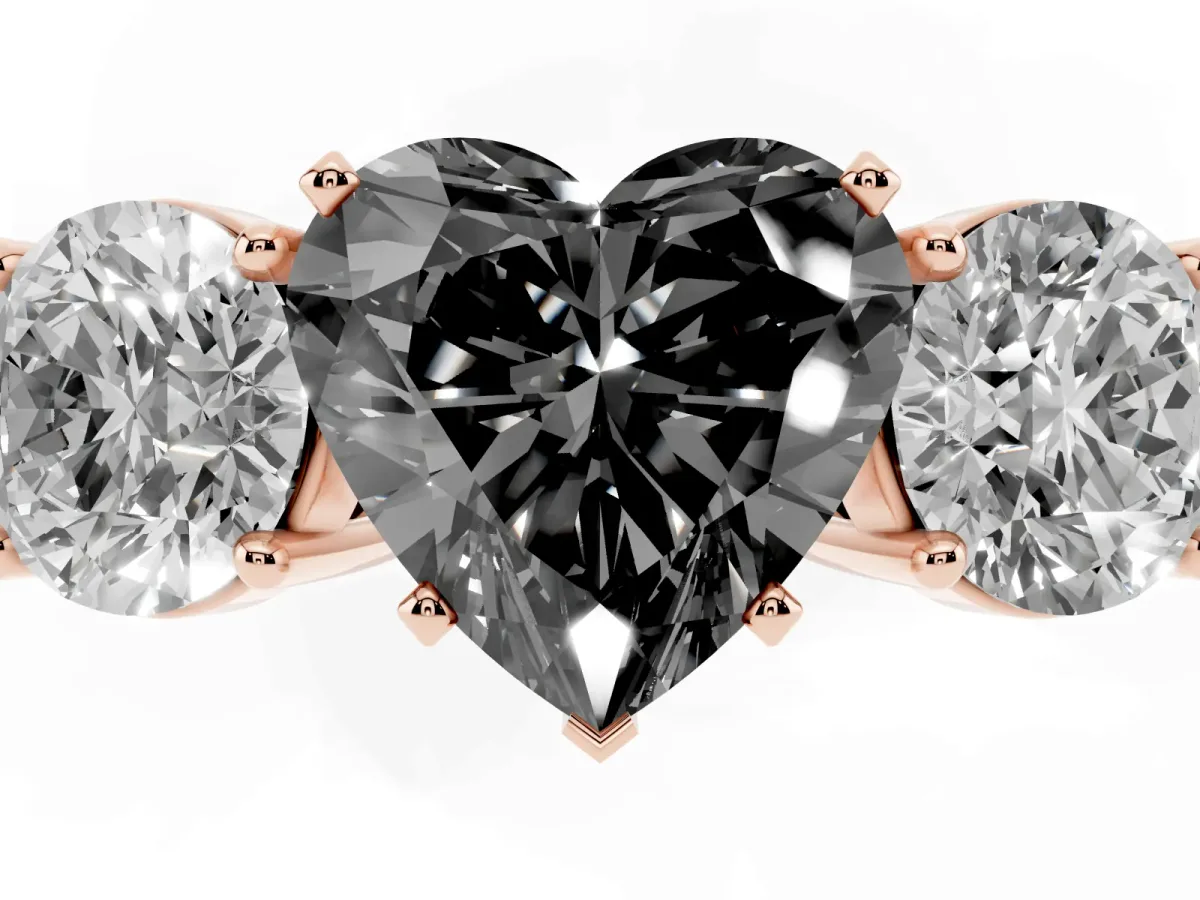 Fancy Black Three-Stone Heart Cut Diamond Ring with Round Side Stones, Classic Band, and Four-Prong Setting Rose gold