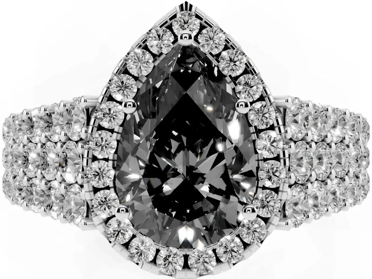 Fancy Black Pear Cut Diamond Halo Engagement Ring with Triple Row Round Pavé Band and Prong Setting Platinum