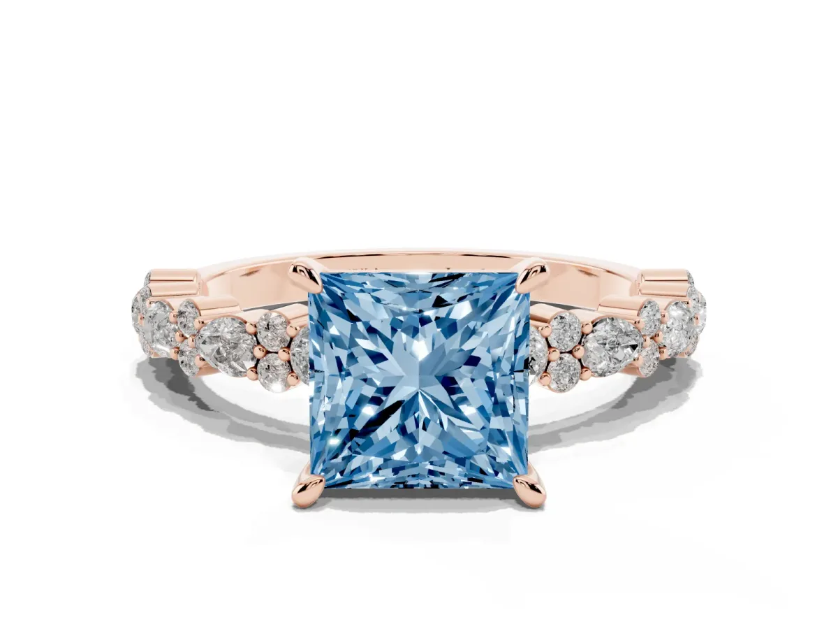 Fancy Blue Princess Cut Diamond Side Stone Solitaire Ring with Round and Four-Prong Setting Rose gold