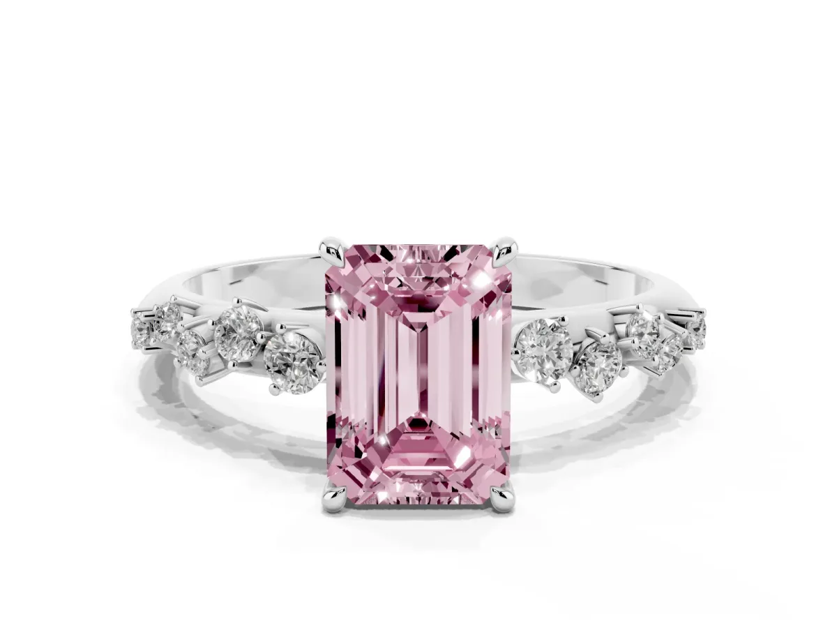 Fancy Pink Emerald Cut Diamond Cluster Side Stone Solitaire Ring with Prong Setting Silver