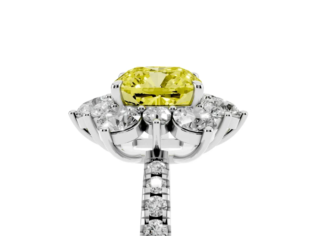 Fancy Yellow Cushion Cut Diamond Floral Halo Ring with Round Pavé Band and Prong Setting Silver