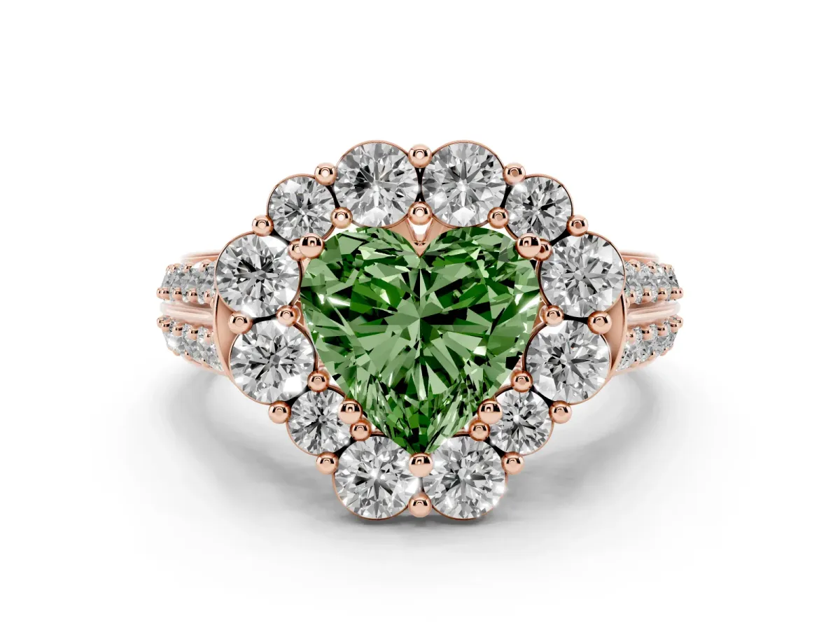 Fancy Green Heart Cut Halo Diamond Engagement Ring with Split Shank and Prong Setting Rose gold
