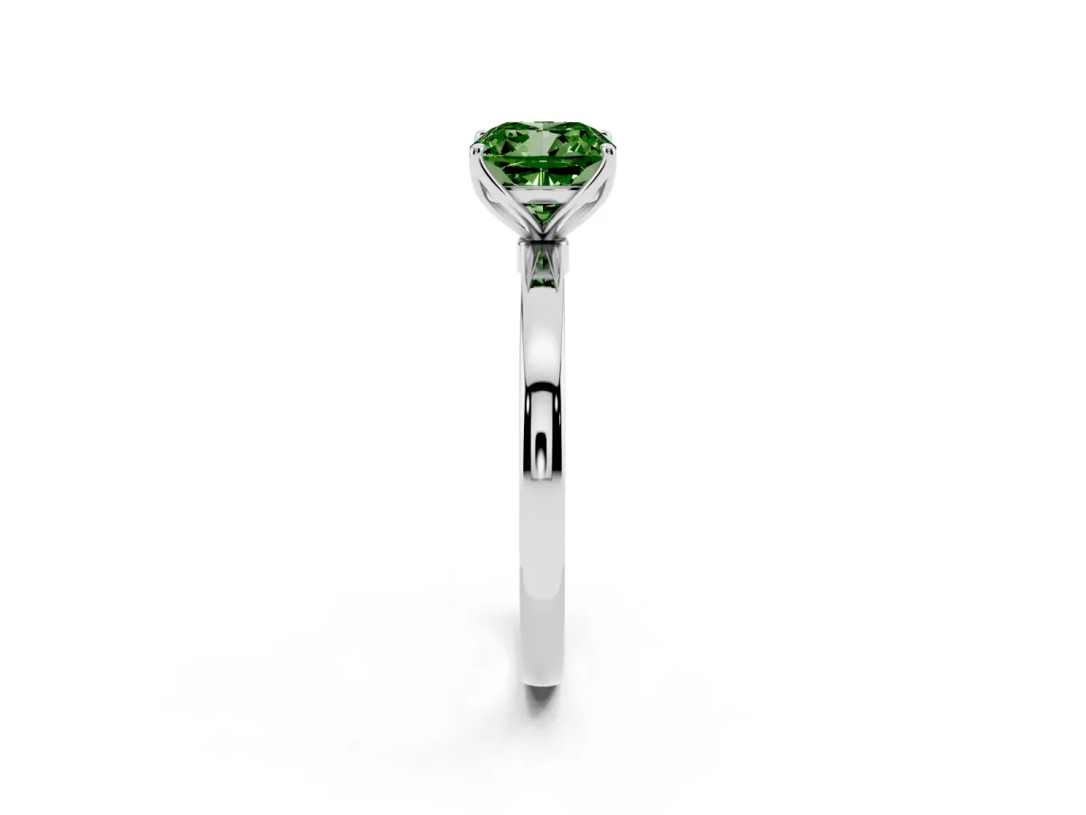 Fancy Green Cushion Cut Diamond Solitaire Ring with Thin Band and Prong Setting White gold