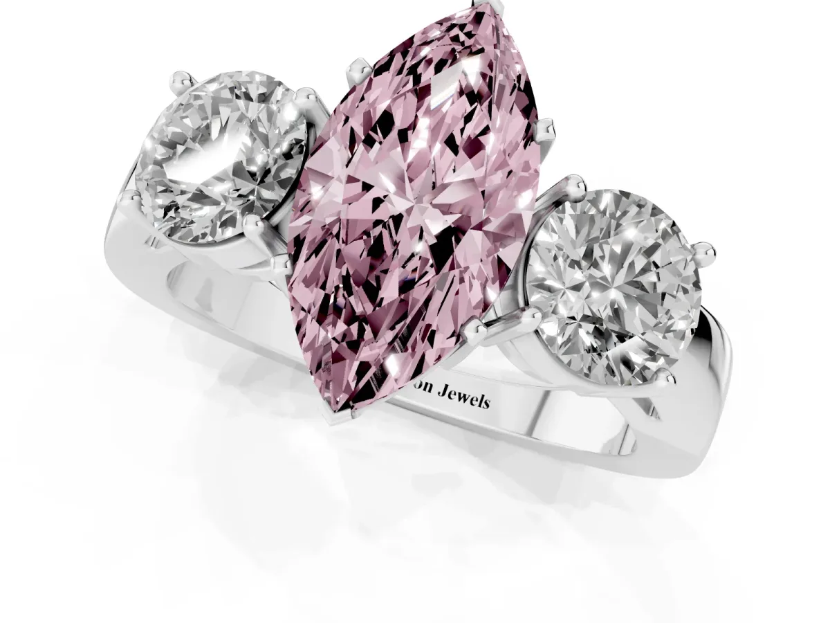 Fancy Pink Three-Stone Marquise Cut Diamond Ring with Round Side Stones, Classic Band, and Four-Prong Setting Platinum