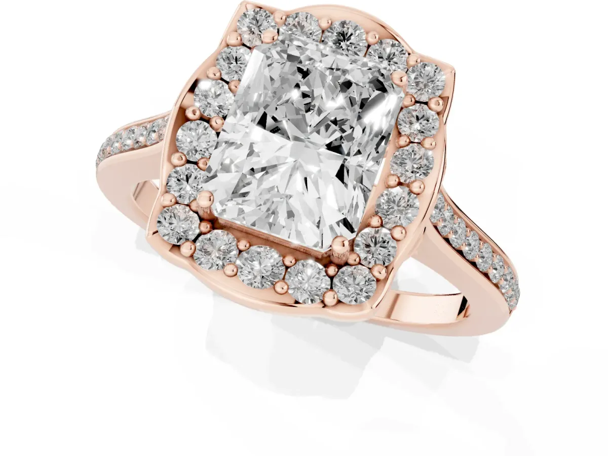 Radiant Cut Halo Round Diamond Pave Band with Four-Prong Setting Rose gold