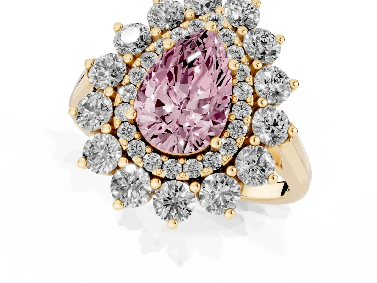 Fancy Pink Pear Cut Diamond Floral Double Halo Engagement Ring with Prong Setting Yellow gold