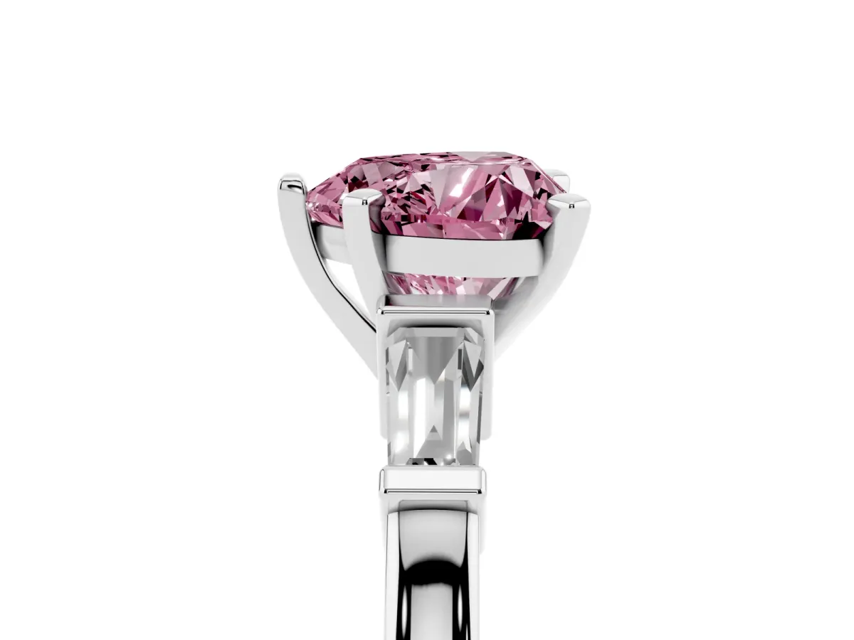 Fancy Pink Heart Cut Cut Diamond Solitaire Ring with Tapered Baguette Accents and Four-Prong Setting White gold