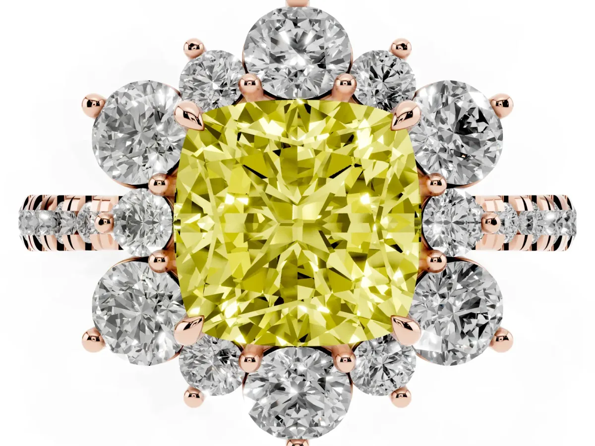 Fancy Yellow Cushion Cut Diamond Floral Halo Ring with Round Pavé Band and Prong Setting Rose gold