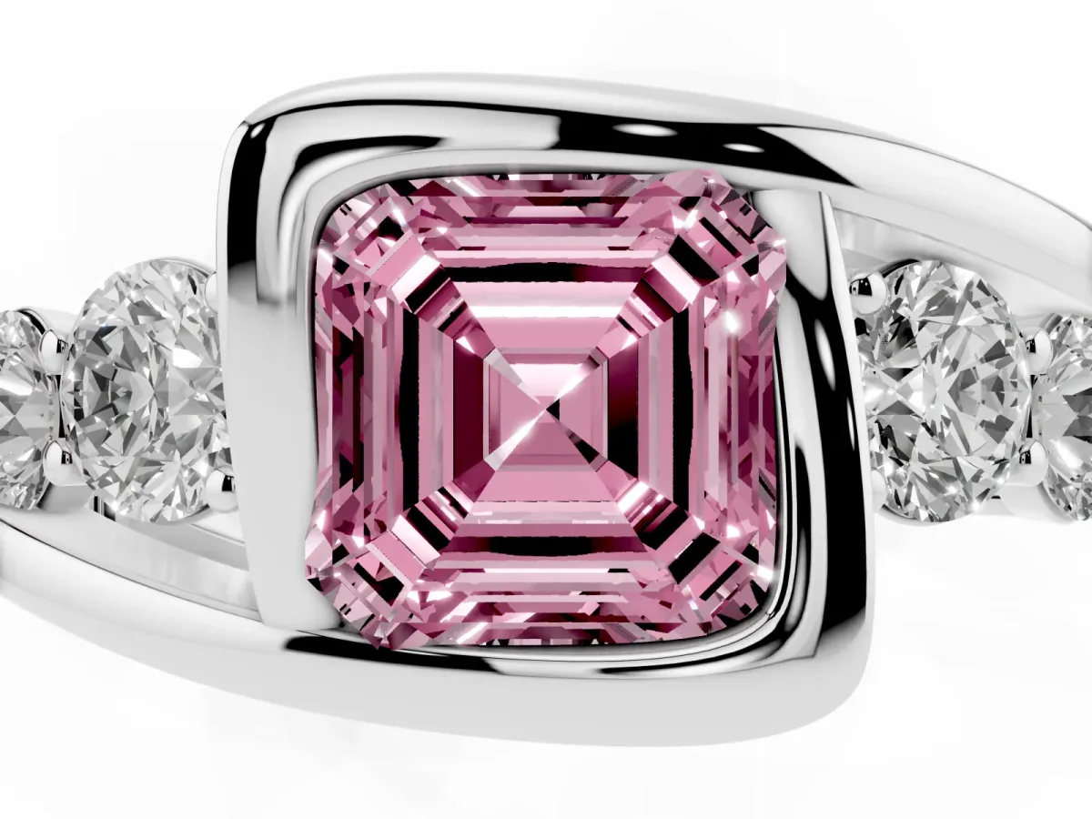 Fancy Pink Bezel Set Asscher Cut Diamond Bypass Ring with Round Accents Silver