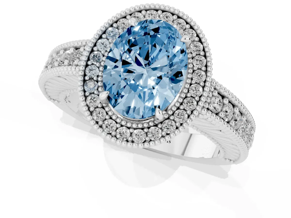 Fancy Blue Oval Cut Cut Halo Diamond Ring with Pavé Band and Four-Prong Setting Platinum