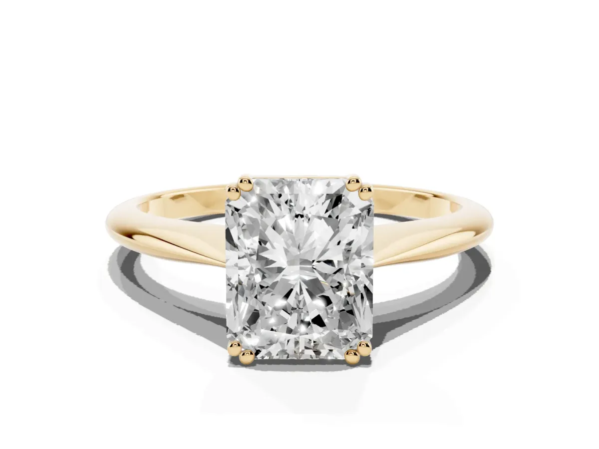 Radiant Cut Solitaire Diamond Ring with Six-Prong Setting and Classic Band Yellow gold