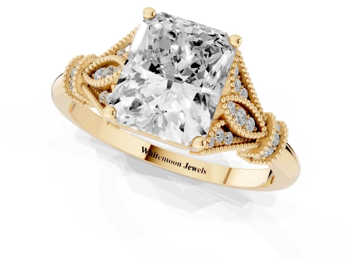 Radiant Cut Diamond Solitaire Ring with Floral Filigree and Pave Accents Yellow gold