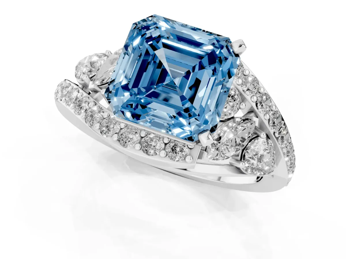 Fancy Blue Asscher Cut Diamond Halo Ring with Marquise and Pavé Band in Prong Setting White gold