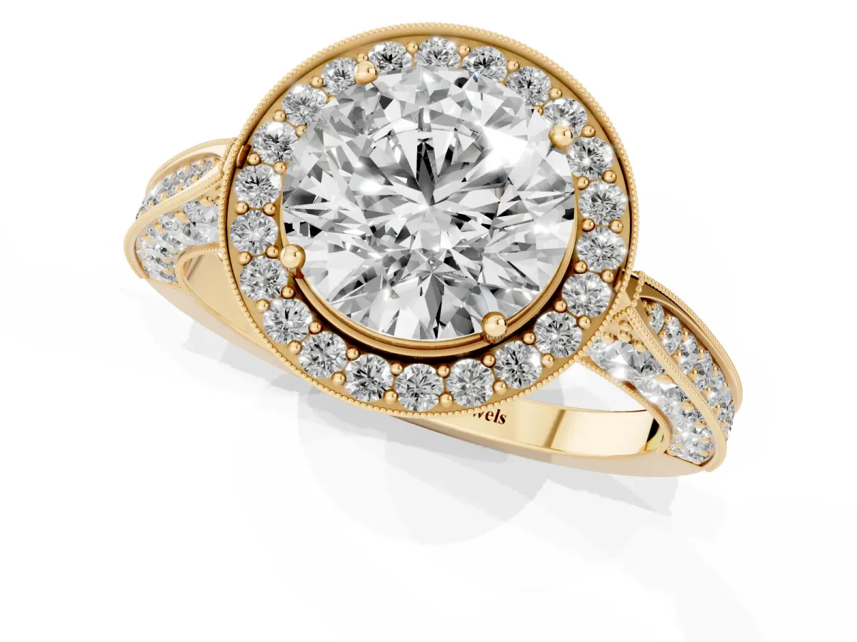 Round Cut Halo Diamond Engagement Ring with Split Shank Band and Four-Prong Setting Yellow gold