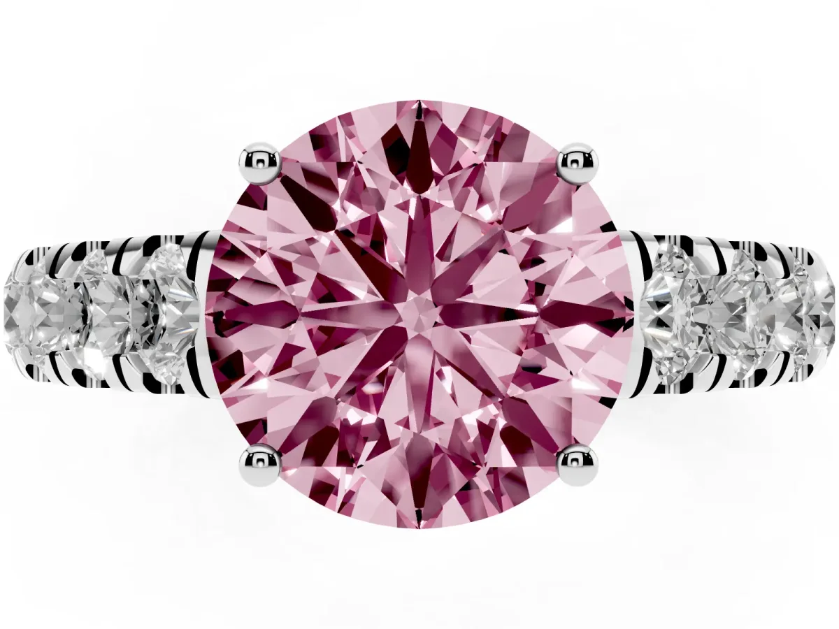 Fancy Pink Round Cut Cut Diamond Solitaire Ring with Micro Pave Band and Prong Setting Silver