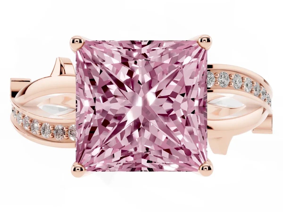 Fancy Pink Princess Cut Solitaire Twist Band with Pavé Accents and Four-Prong Setting Rose gold