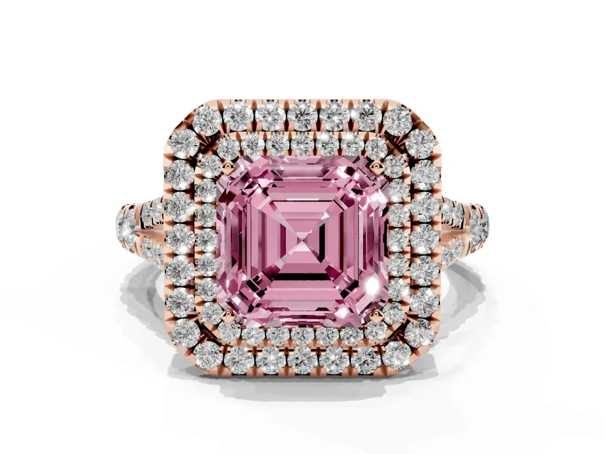 Fancy Pink Asscher Cut Cut Double Halo Split Shank Diamond Ring with Prong Setting Rose gold