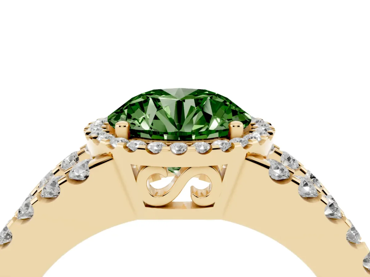 Fancy Green Round Cut Cut Halo Split Shank Diamond Ring with Four-Prong Setting Yellow gold