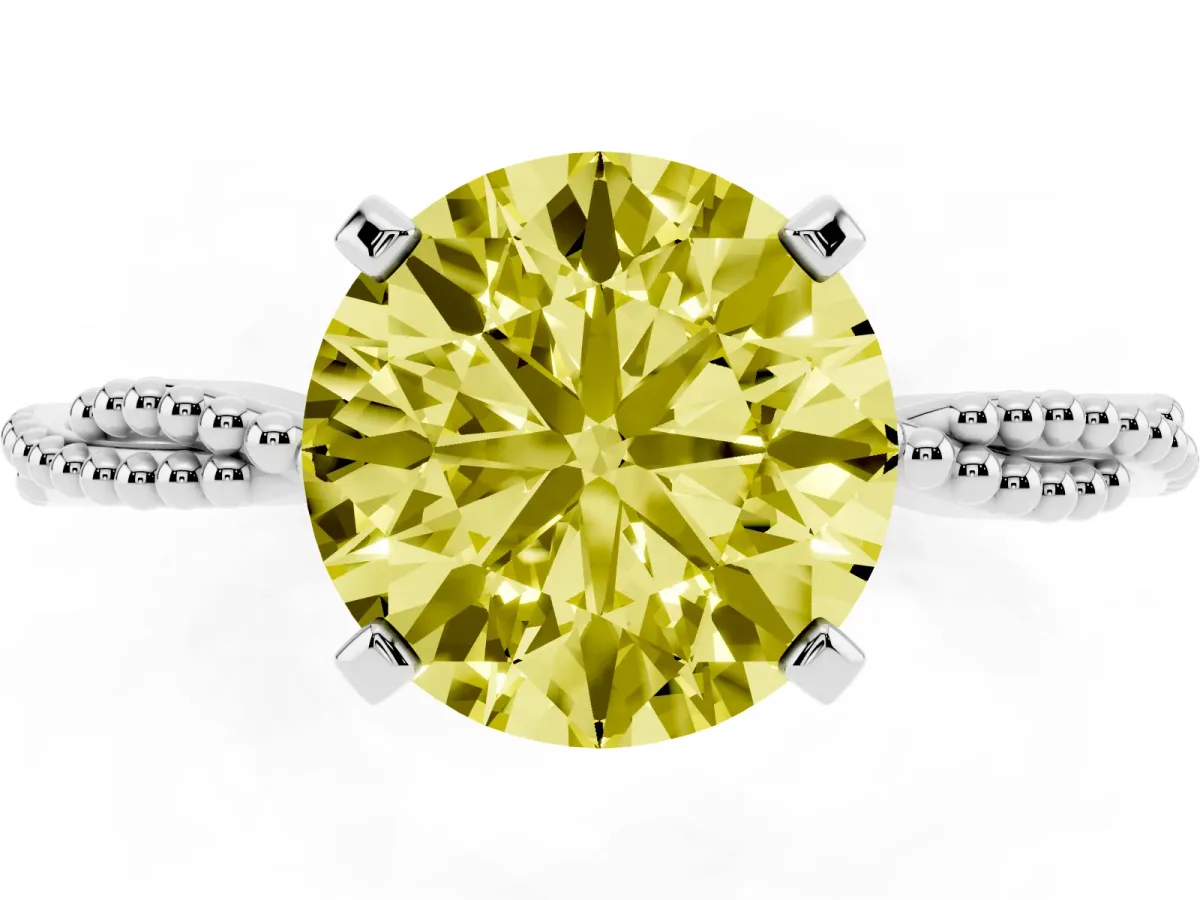 Fancy Yellow Round Cut Solitaire Twisted Band with Bead Prong Setting Platinum
