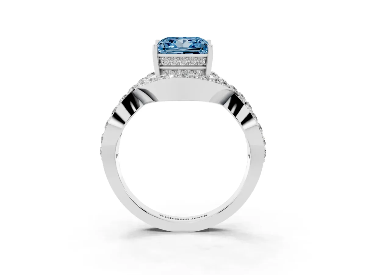 Fancy Blue Princess Cut Solitaire Twist Band Pavé Diamond Engagement Ring White gold