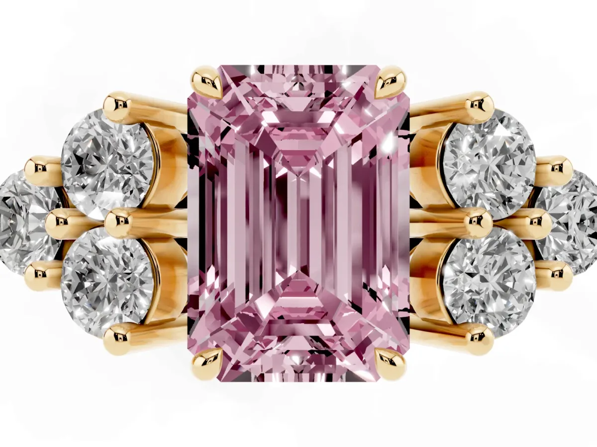 Fancy Pink Emerald Cut Brilliant Diamond Cluster Accent Solitaire Ring with Prong Setting Yellow gold