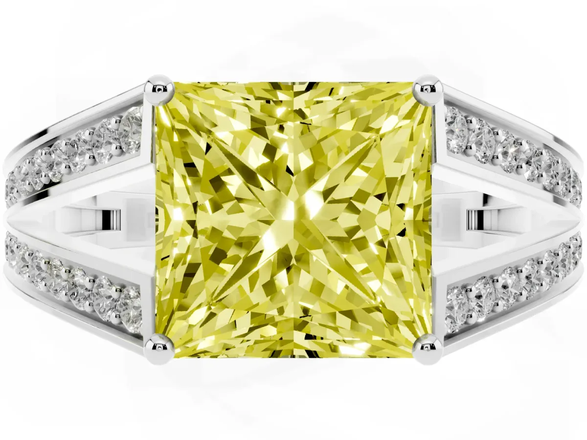Fancy Yellow Princess Cut Diamond Split Shank Ring with Pavé Band and Four-Prong Setting White gold