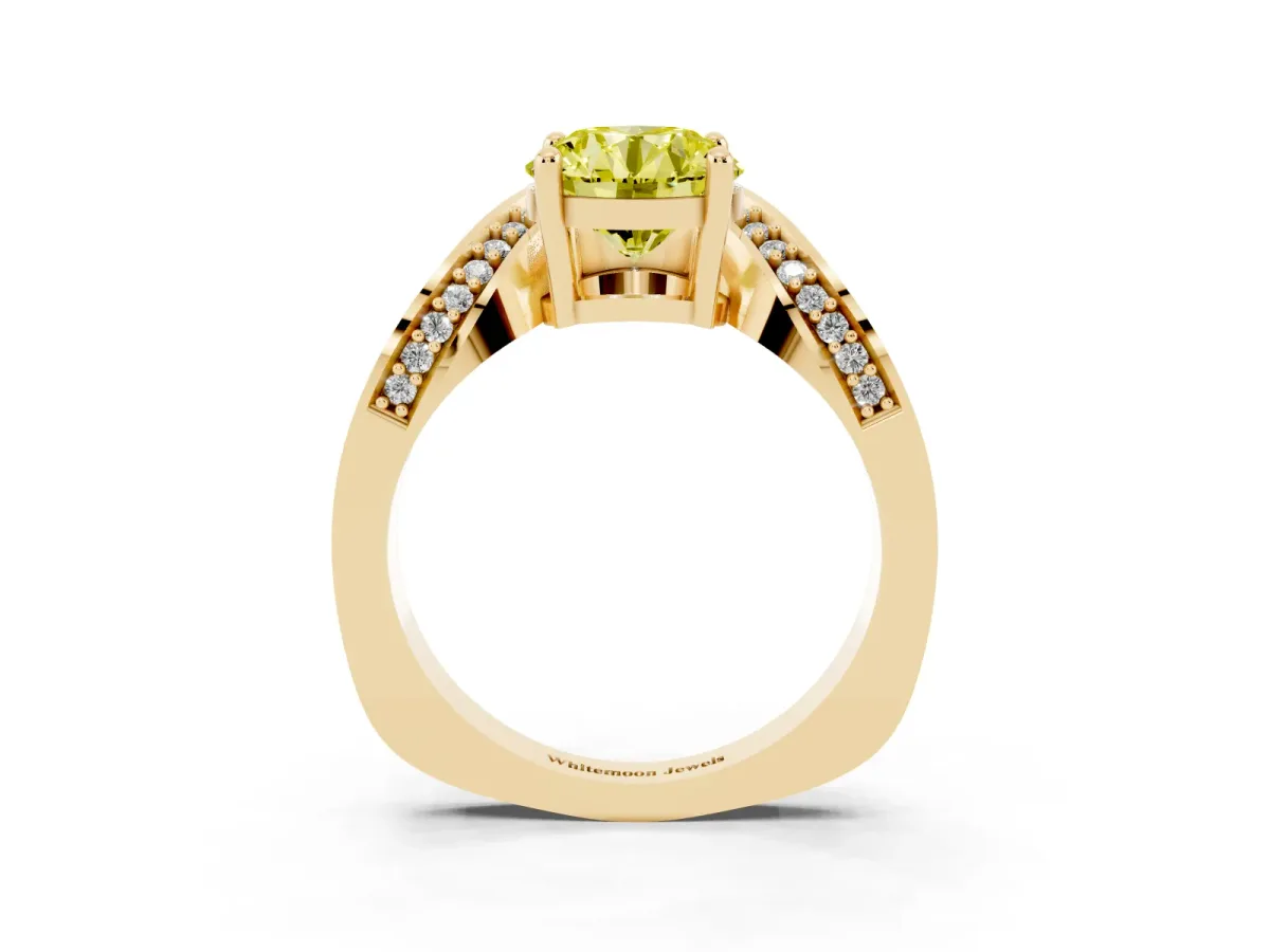 Fancy Yellow Round Cut Solitaire Diamond Engagement Ring with Pave Band and Four-Prong Setting Yellow gold