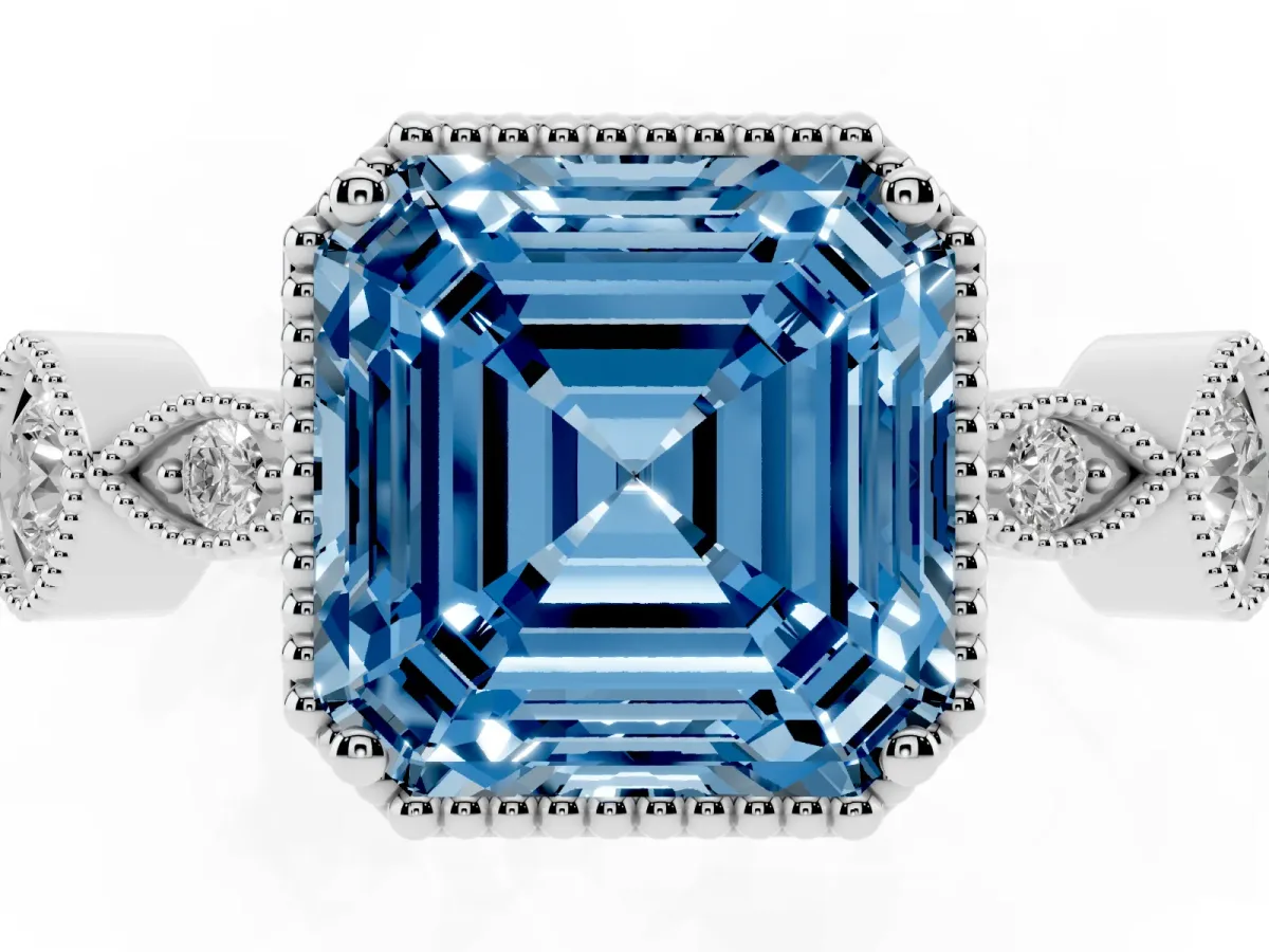 Fancy Blue Asscher Cut Diamond Vintage Milgrain Ring with Round Stations Silver