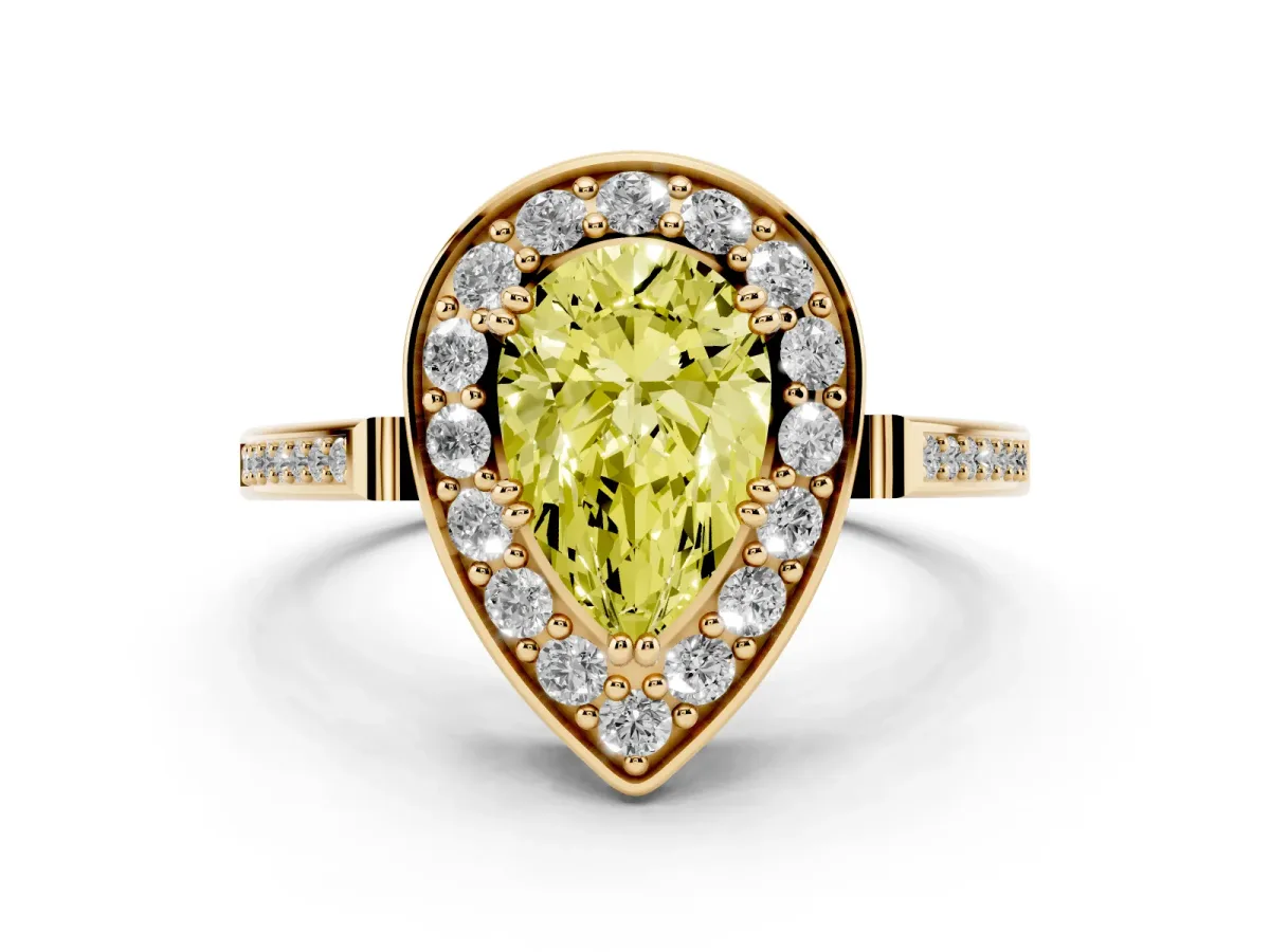 Fancy Yellow Pear Cut Diamond Halo Ring with Split Shank and Four-Prong Setting Yellow gold