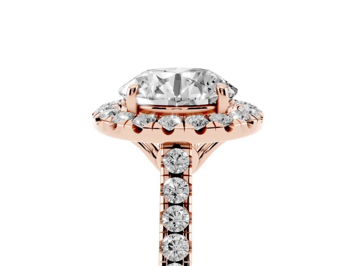 Round Cut Halo Pavé Diamond Engagement Ring with Four-Prong Setting Rose gold