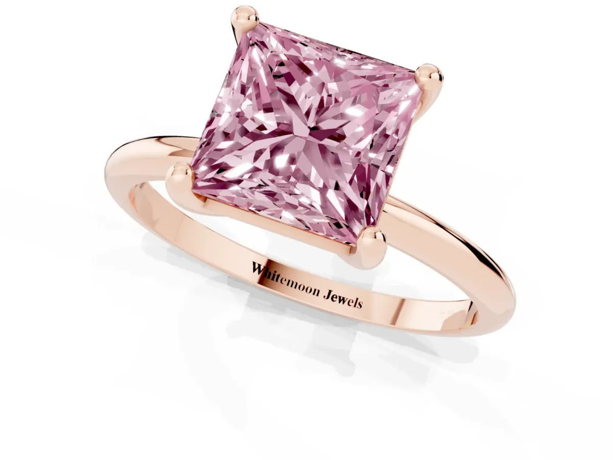 Fancy Pink Princess Cut Solitaire Diamond Ring with 4-Prong Setting on a Classic Band Rose gold