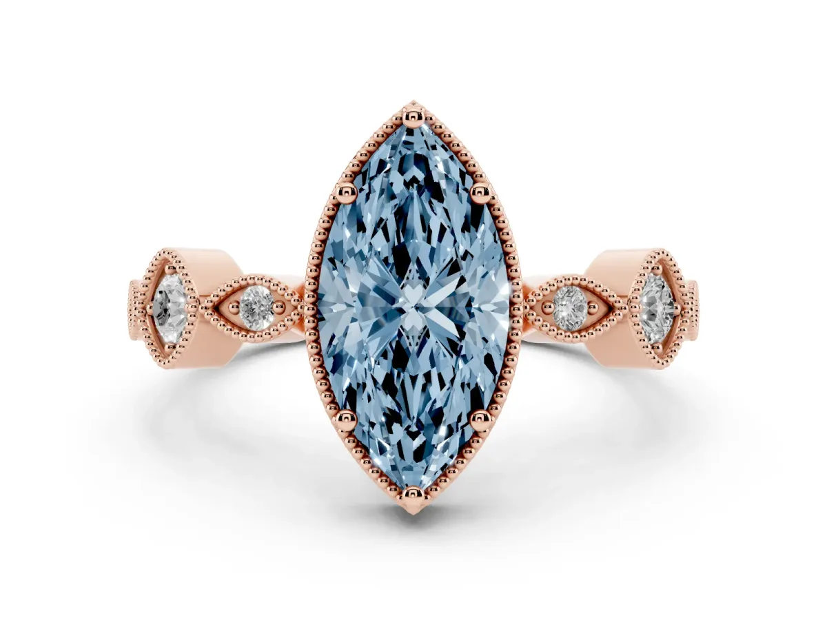 Fancy Blue Marquise Cut Diamond Vintage Milgrain Ring with Round Stations Rose gold