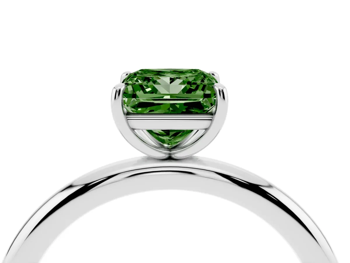 Fancy Green Princess Cut Solitaire Diamond Ring with Four-Prong Setting on a Plain Band Silver