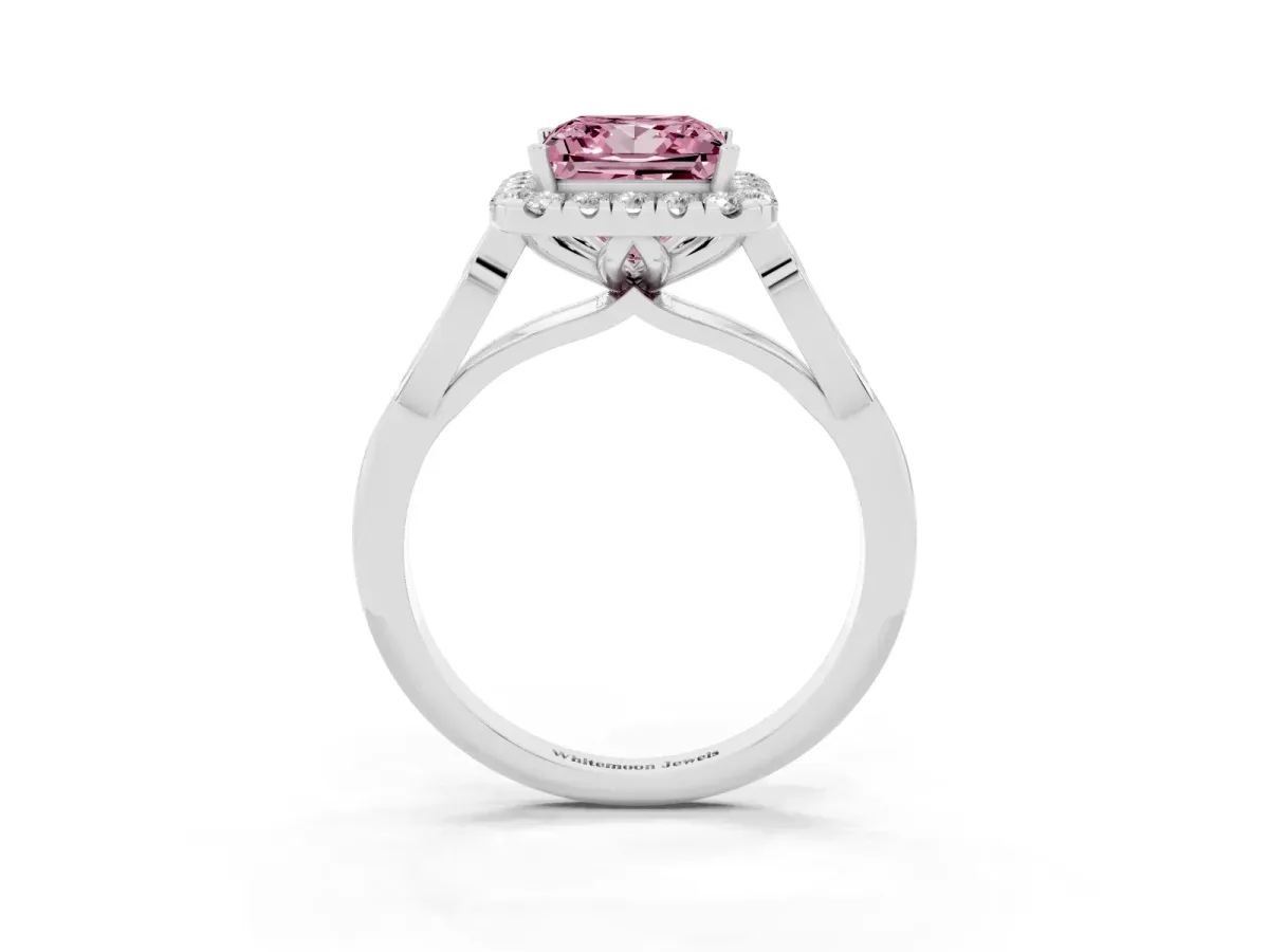 Fancy Pink Princess Cut Halo Diamond Engagement Ring with Filigree Band and Four-Prong Setting Platinum
