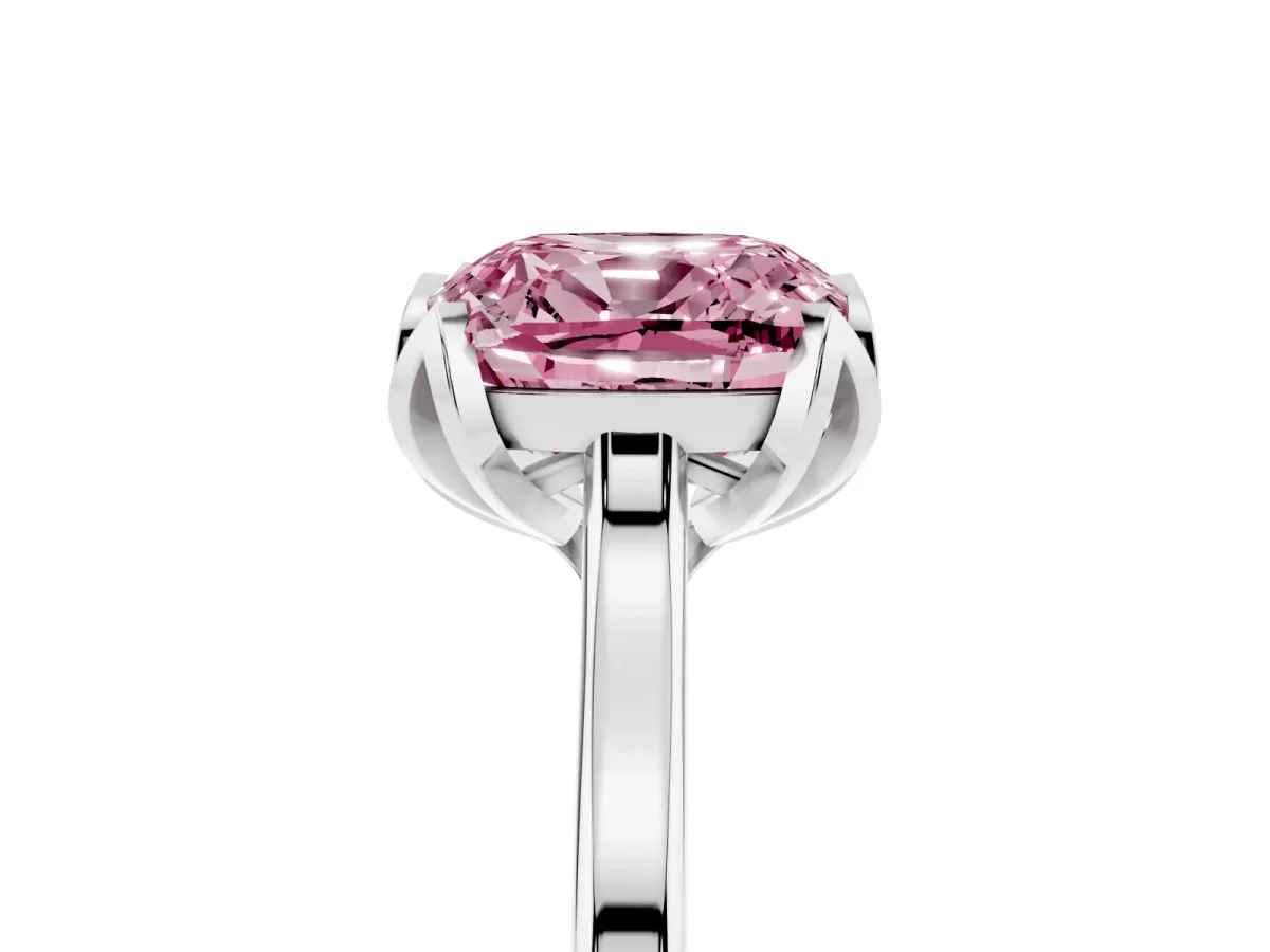 Fancy Pink Cushion Cut Diamond Solitaire Ring with Flower Prong Setting and Classic Band Silver