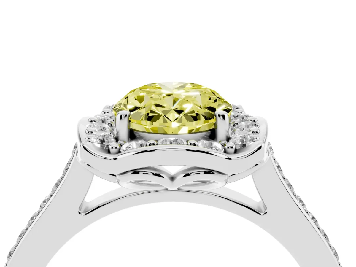 Fancy Yellow Oval Cut Halo Round Diamond Pave Band with Four-Prong Setting Silver