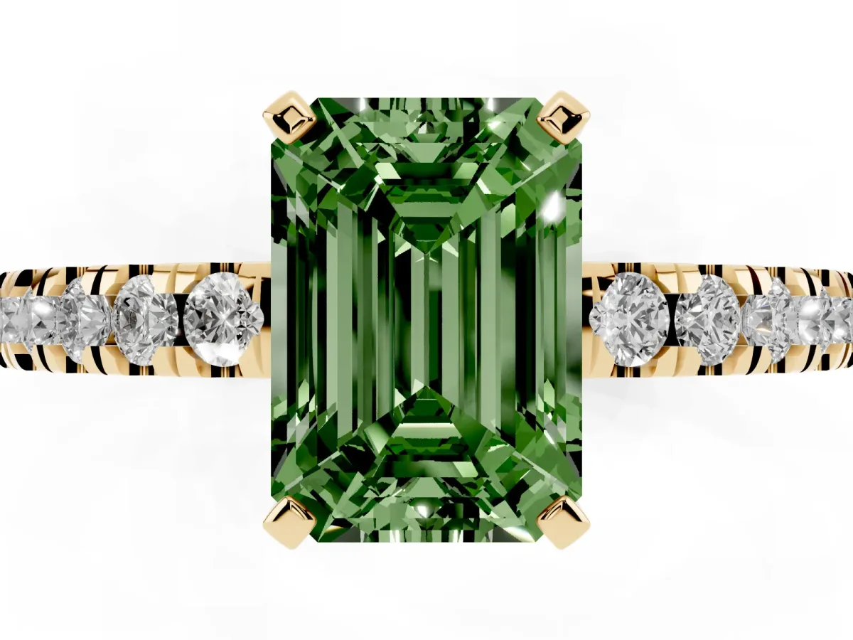 Fancy Green Emerald Cut Solitaire Diamond with Pavé Band and Four-Prong Setting Yellow gold