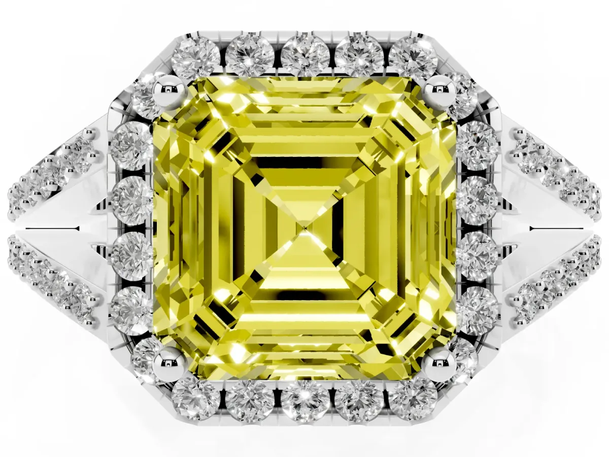 Fancy Yellow Asscher Cut Halo Split Shank Diamond Ring with Prong Setting Silver