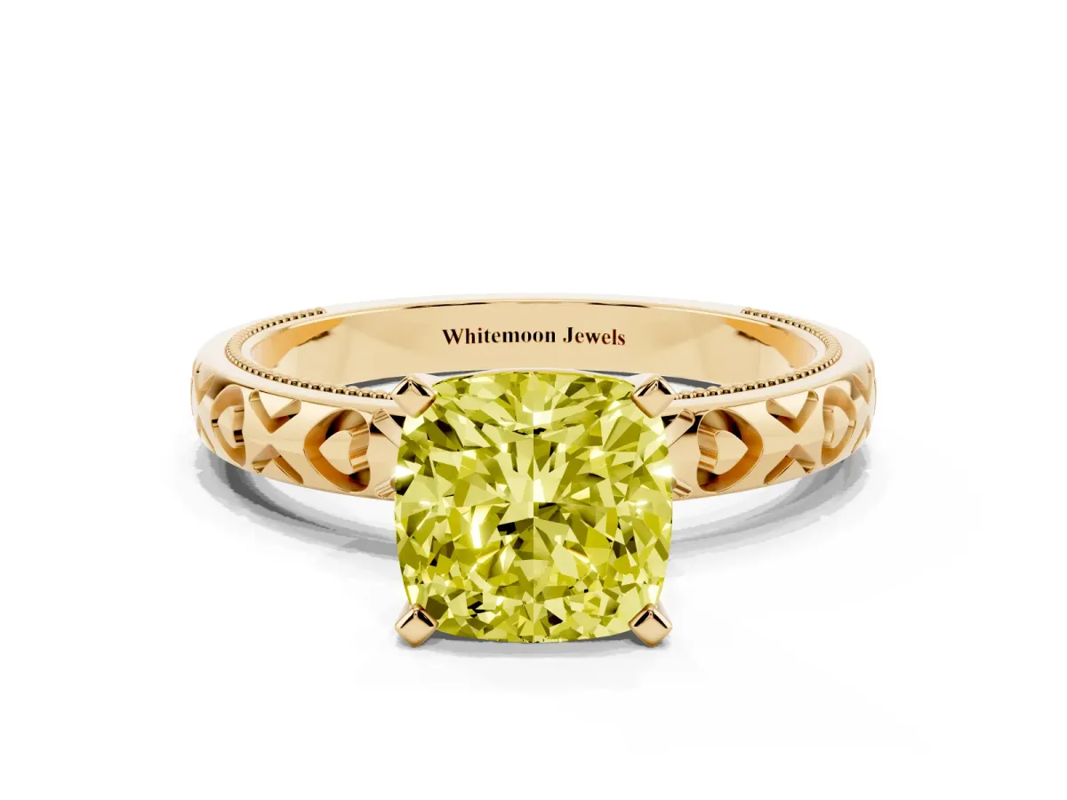 Fancy Yellow Cushion Cut Solitaire Diamond Engagement Ring with XO Engraved Band and Four-Prong Setting Yellow gold
