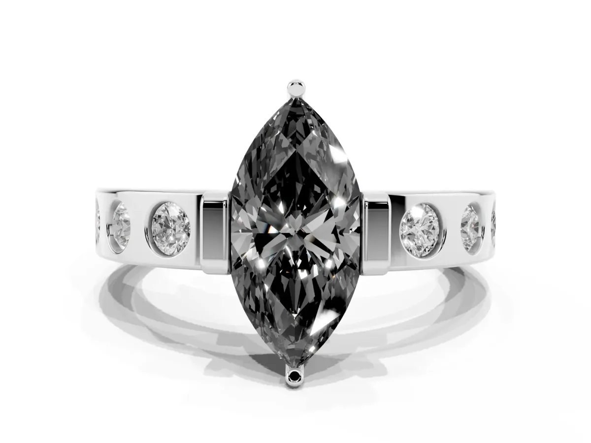 Fancy Black Marquise Cut Brilliant Channel-Set Diamond Ring with Bezel Prong Setting Silver