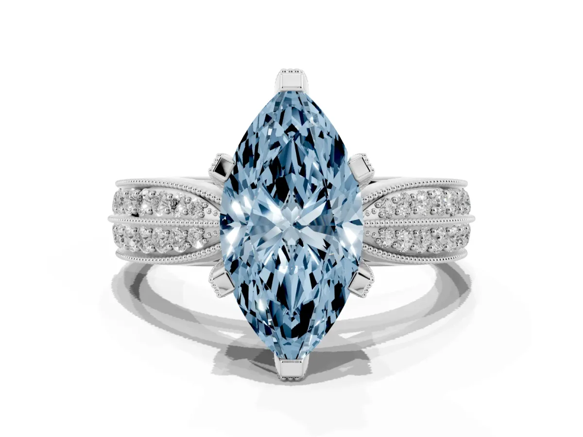 Fancy Blue Marquise Cut Diamond Solitaire Ring with Milgrain Round Pavé Band and Prong Setting Silver